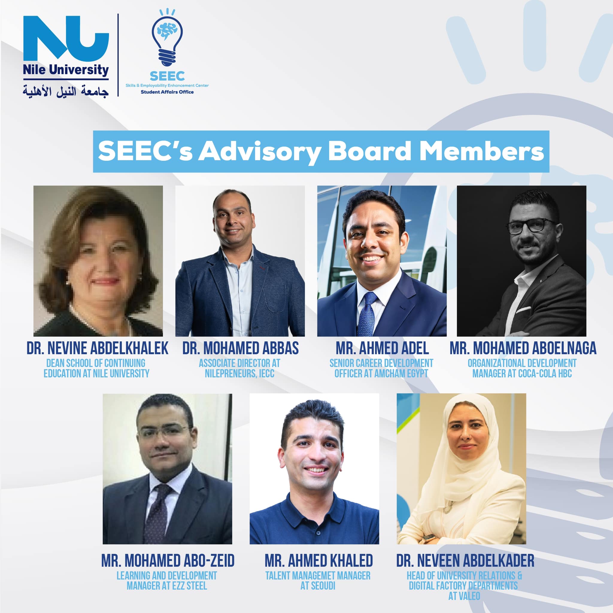  Introduce the esteemed members of the Skills & Employability Enhancement Center (SEEC) Advisory Board at Nile University ! 